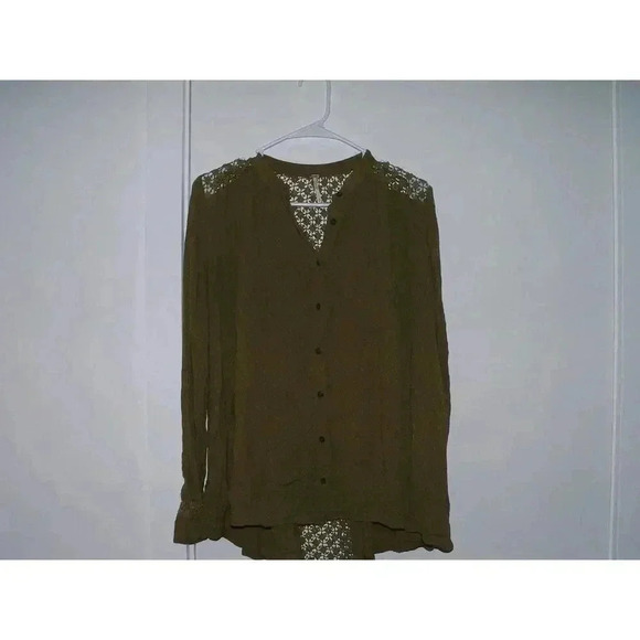 Free People The Best Blouse Button Top Crochet Open Back in Forest Green Boho - Picture 3 of 11